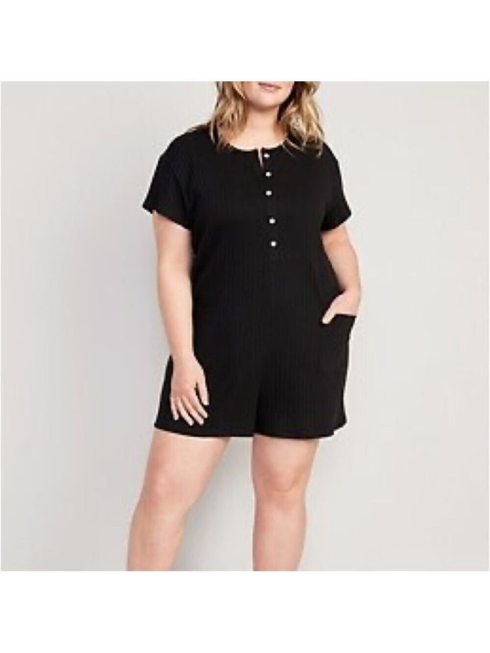 Only Heavyweight Ribbed Short Sleeve Black Romper Playsuit, size L
